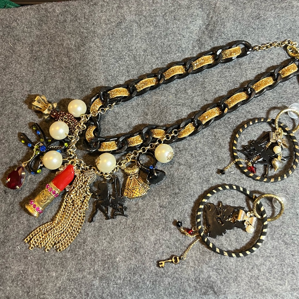 Authentic BETSEY JOHNSON Statement Necklace & Earrings Lipstick Silhouette Pearl